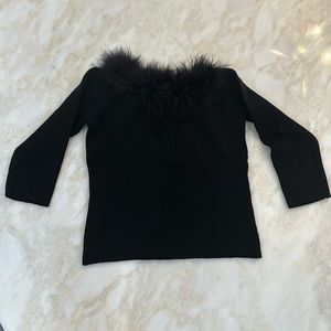 Black cropped, quarter sleeve feather neck sweater